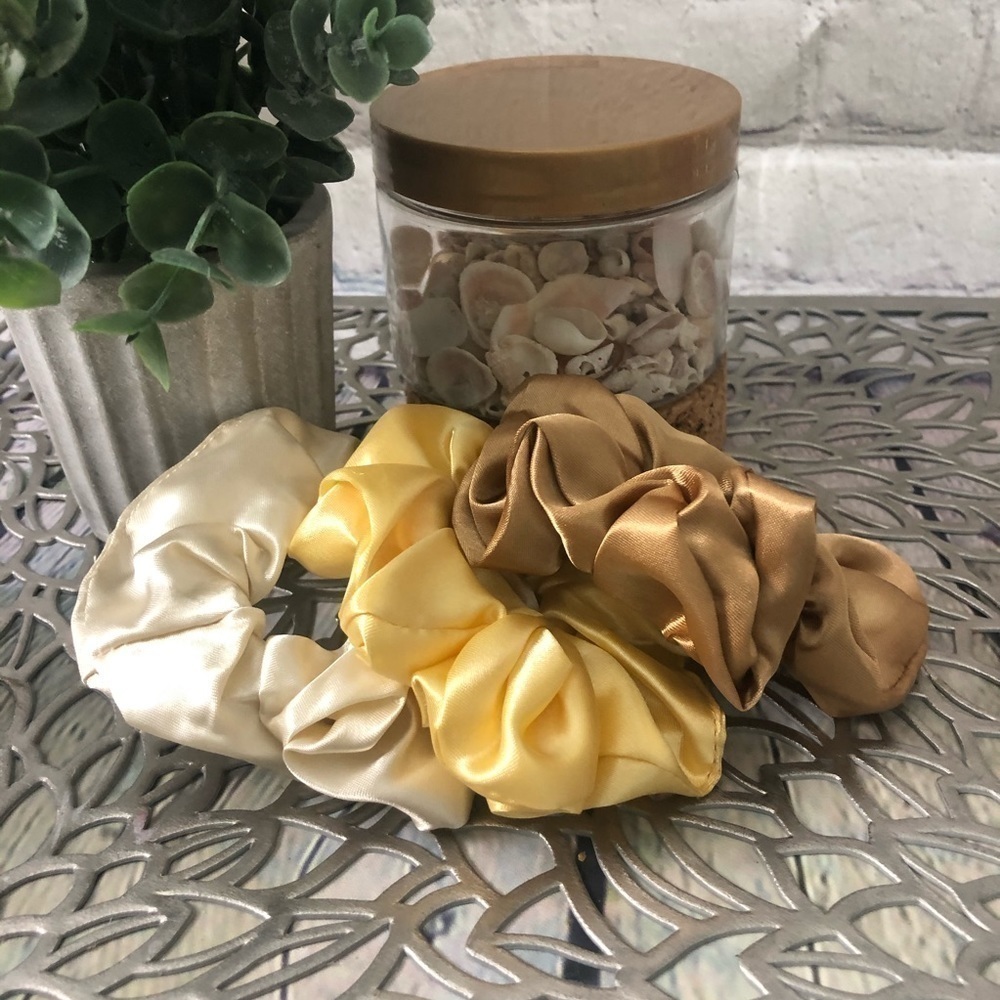 3 New Silk Scrunchies Creme, Tan, Yellow Colors